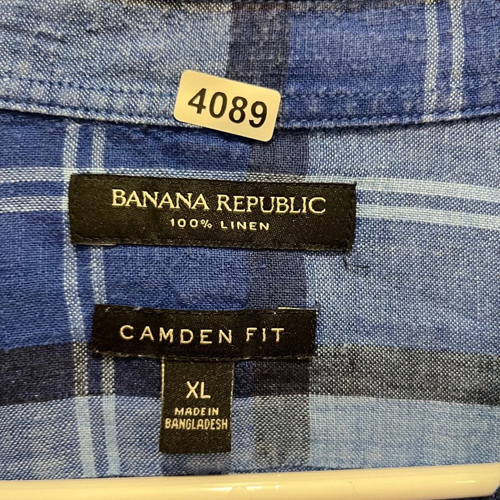 Banana Republic Camden Fit 100% Linen Blue Plaid Button Down Shirt Mens XL